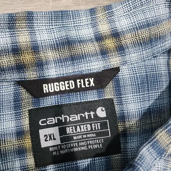 Carhartt Shirt Mens 2XL Blue Yellow Rugged Flex Relaxed Fit Stretch Button-Up - Picture 2 of 6